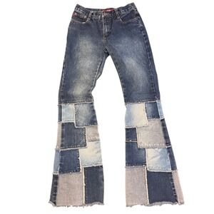 Vintage Blue Patchwork Flare Jeans Studded Frayed Hem Y2K Denim Pants sz 1 NWOT